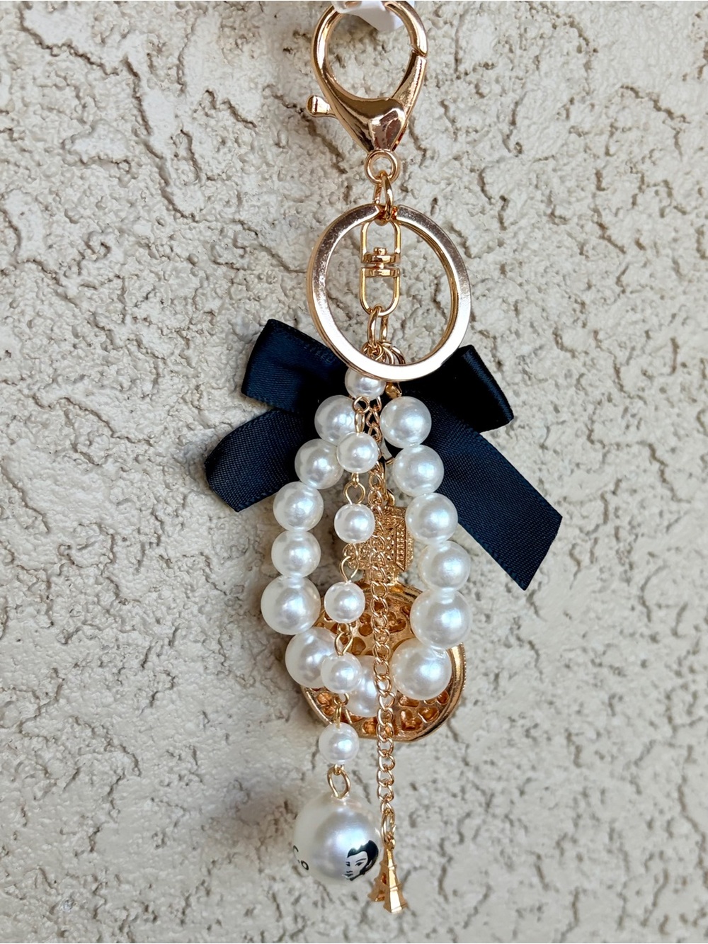 Luxe Gold & Rhinestone Perfume Bottle Ribbon & Pearl Accent Charm Keychain - Picture 8 of 8